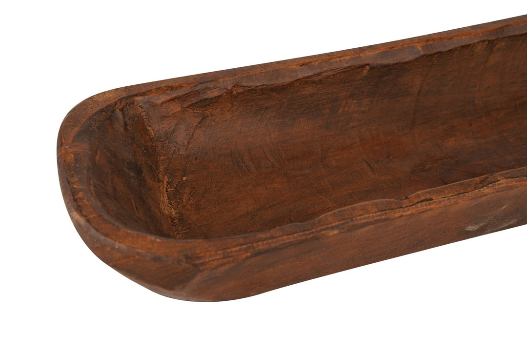 Hand-carved rustic wooden French baguette dough bowl in waxed brown finish.