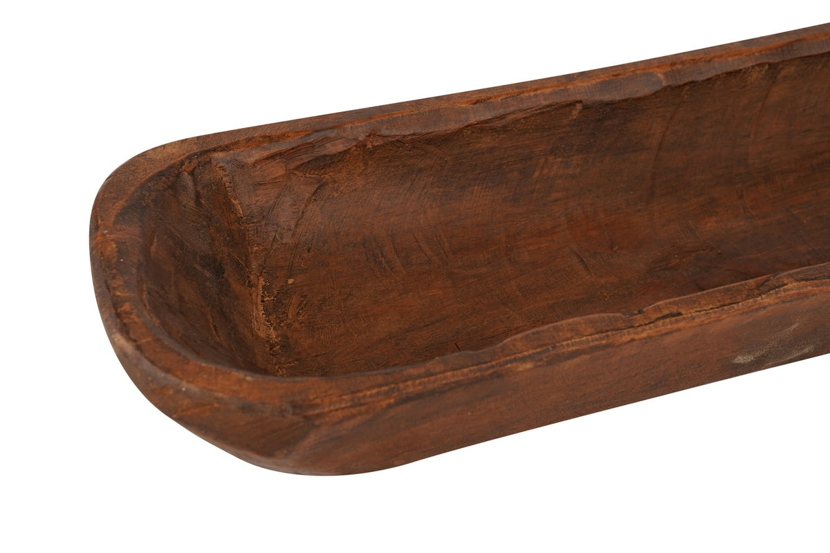 Hand-carved rustic wooden French baguette dough bowl in waxed brown finish.
