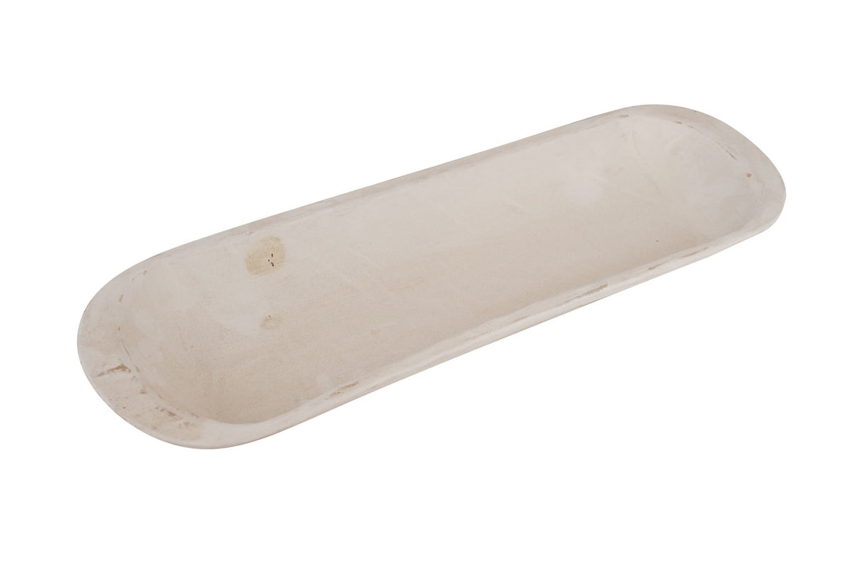 Small white wooden French baguette dough bowl with rustic carved texture.