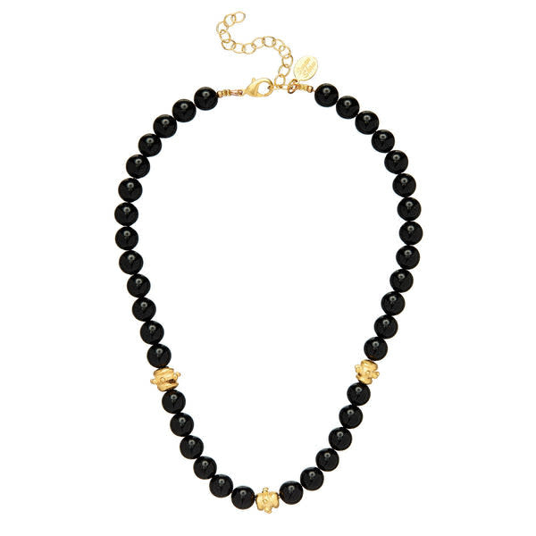 Bailey necklace with black onyx beads, gold accents, lobster clasp, and extender chain.
