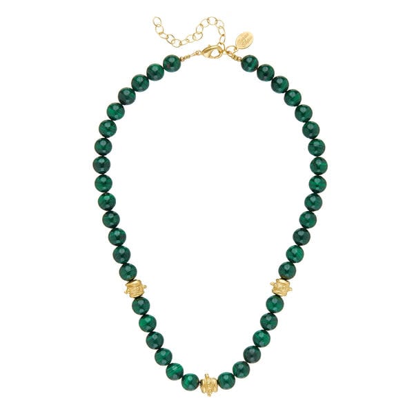 Bailey necklace with hand-strung malachite beads on a triple-plated gold chain featuring lobster claw clasp.