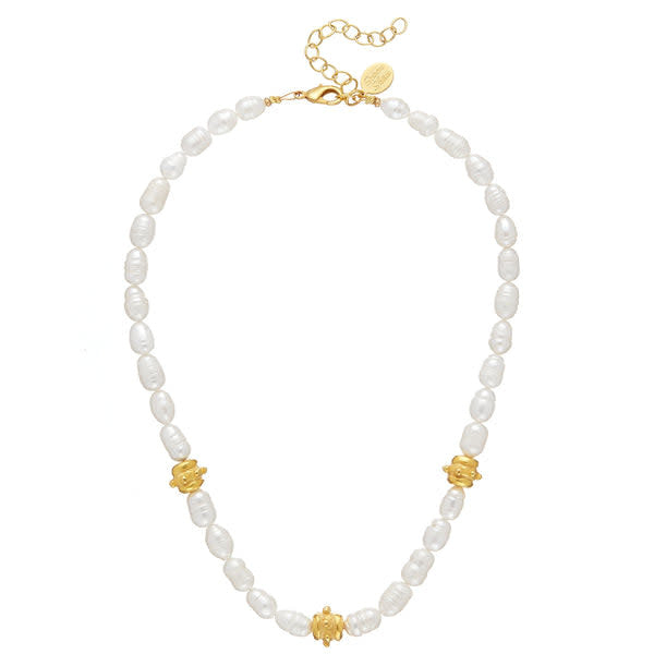 Hand-strung freshwater pearl necklace with gold Bentley beads on a triple-plated chain.