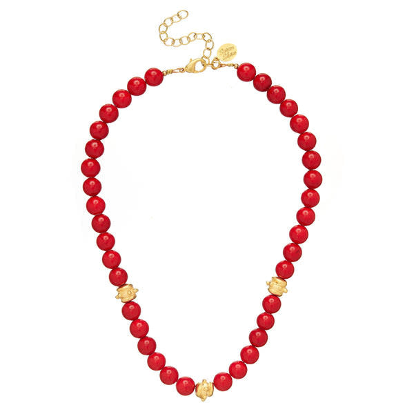 Bailey necklace with red coral genuine stone beads on a triple-plated gold chain featuring lobster claw clasp.