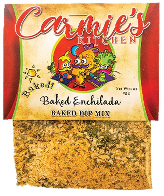 Baked Enchilada Dip Mix packet with yellow label showing cheese enchilada dip ingredients.