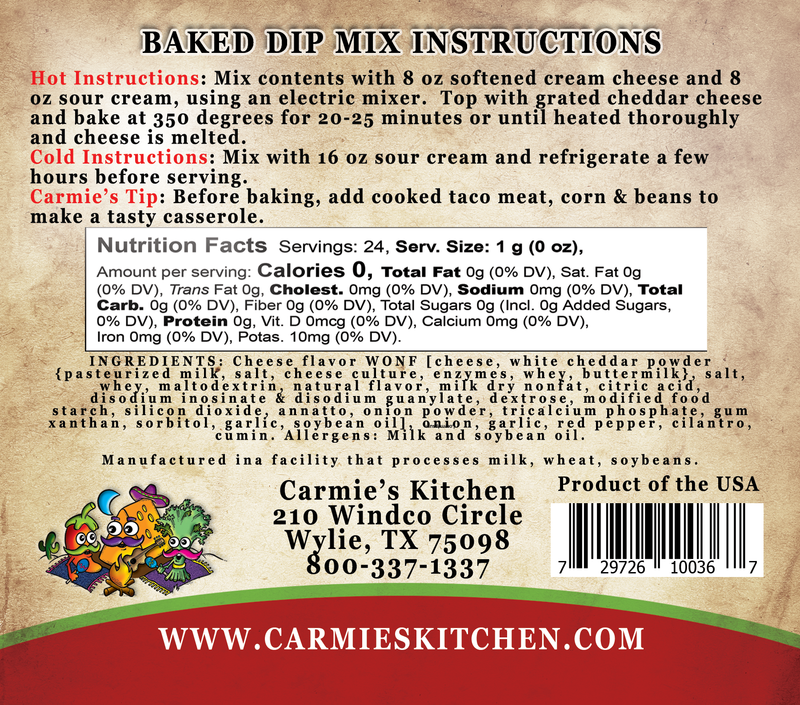 Front view of a Baked Enchilada Dip Mix package with red accents and food imagery.