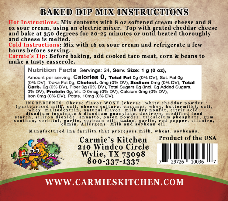 Front view of a Baked Enchilada Dip Mix package with red accents and food imagery.