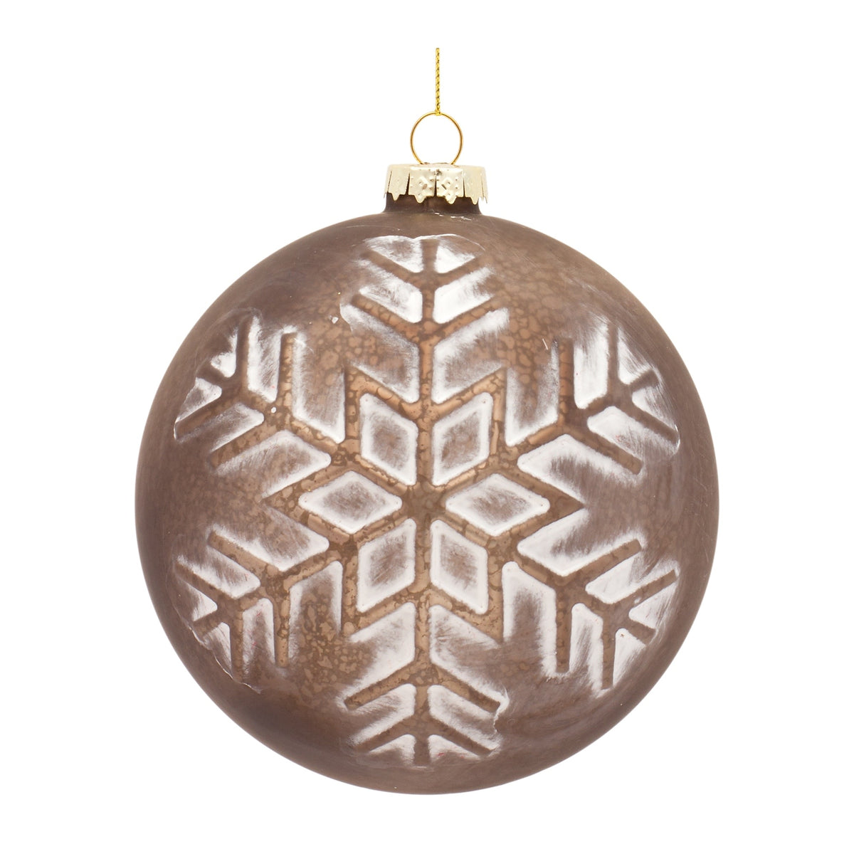 Bronze glass ball ornament with snowflake accents on a Christmas tree