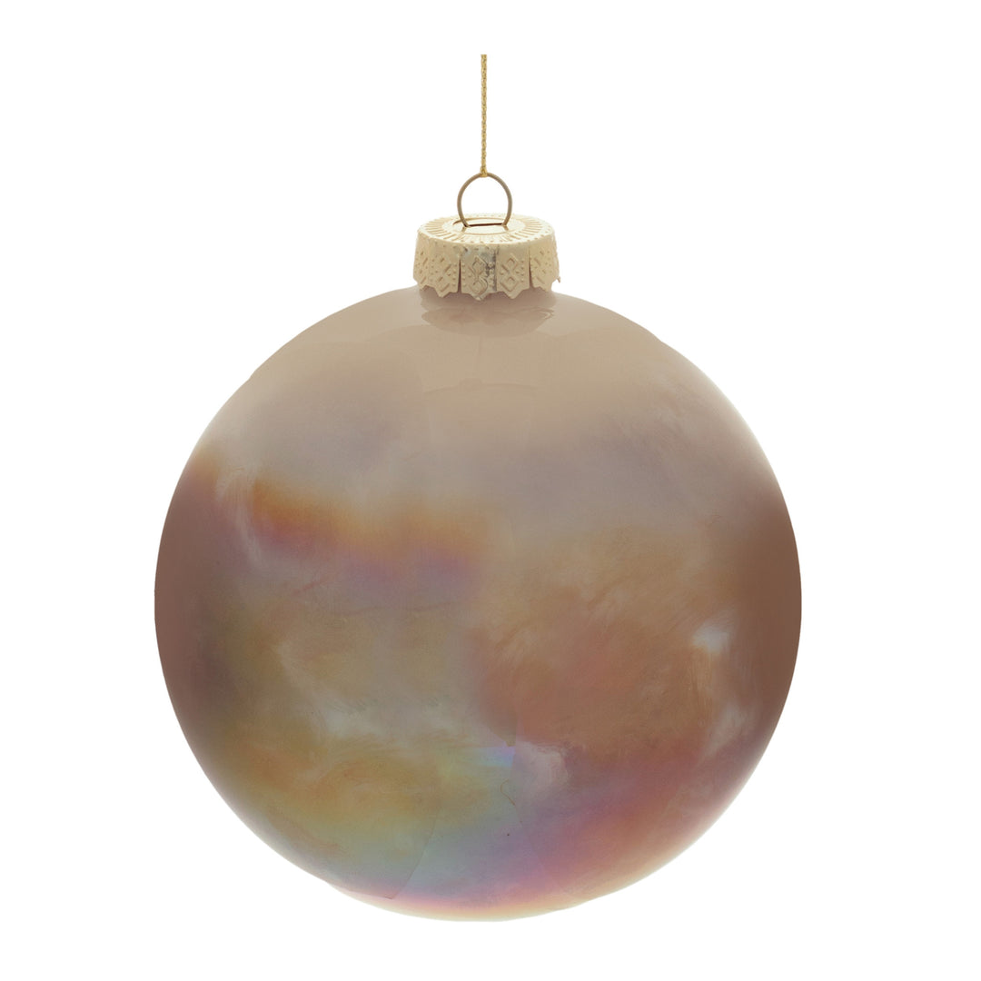 Hand-blown glass ball ornament with iridescent finish in a classic spherical silhouette.