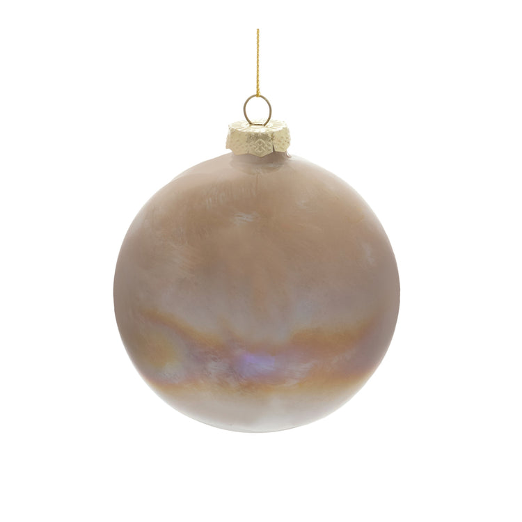 Hand-blown glass ball ornament with iridescent finish reflecting light