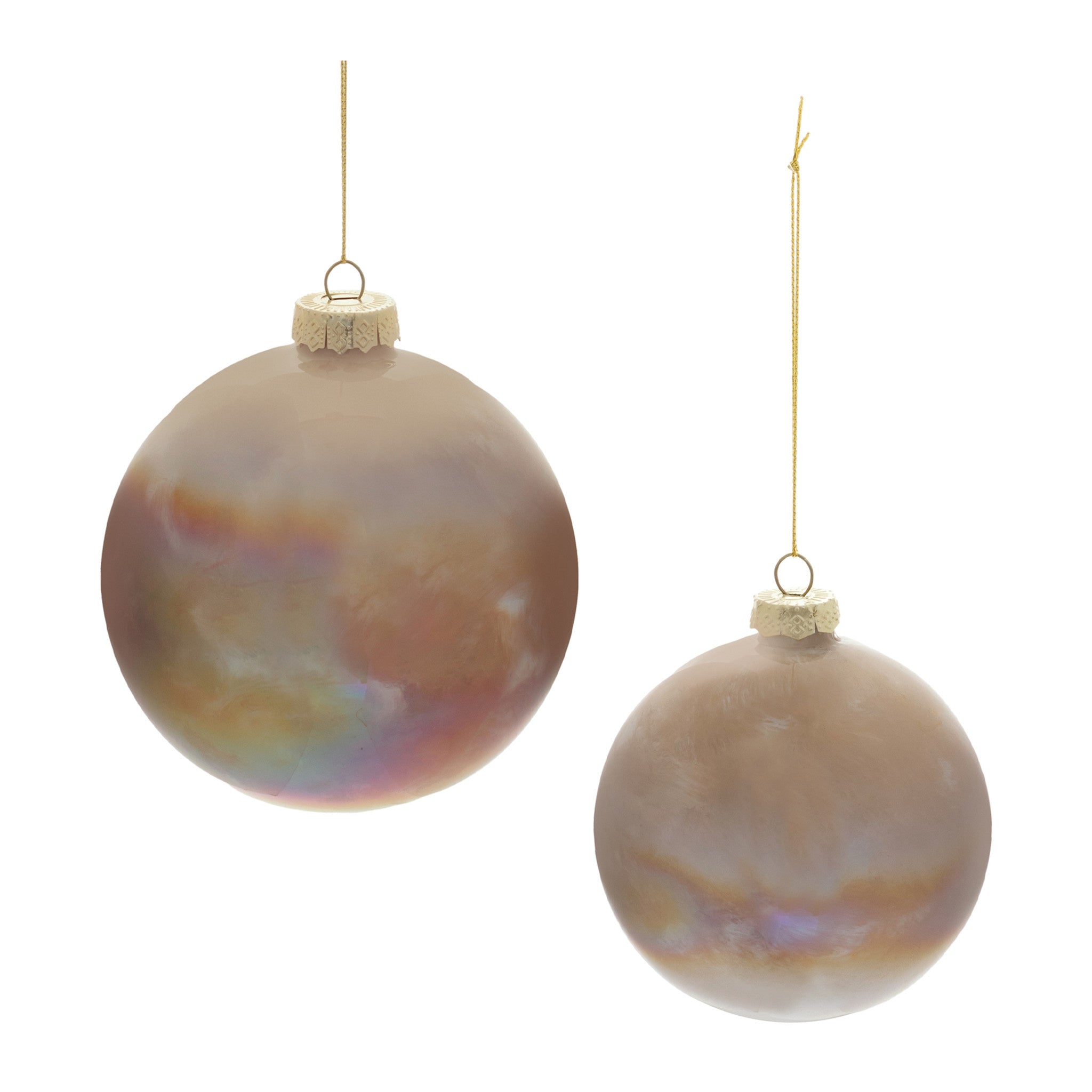 Hand-blown glass ball ornament with iridescent finish in spherical shape