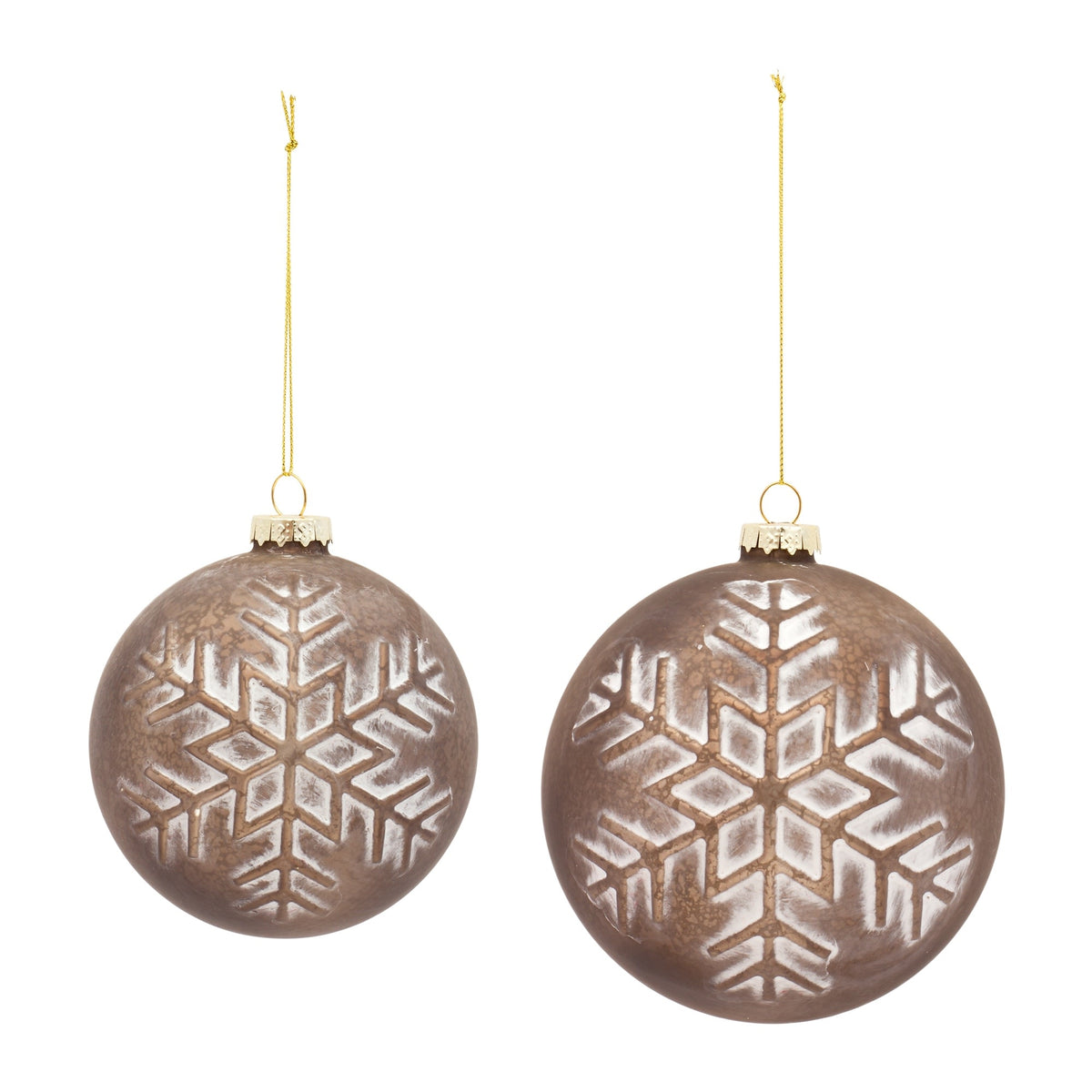 Bronze glass ball ornament with snowflake accents on a string