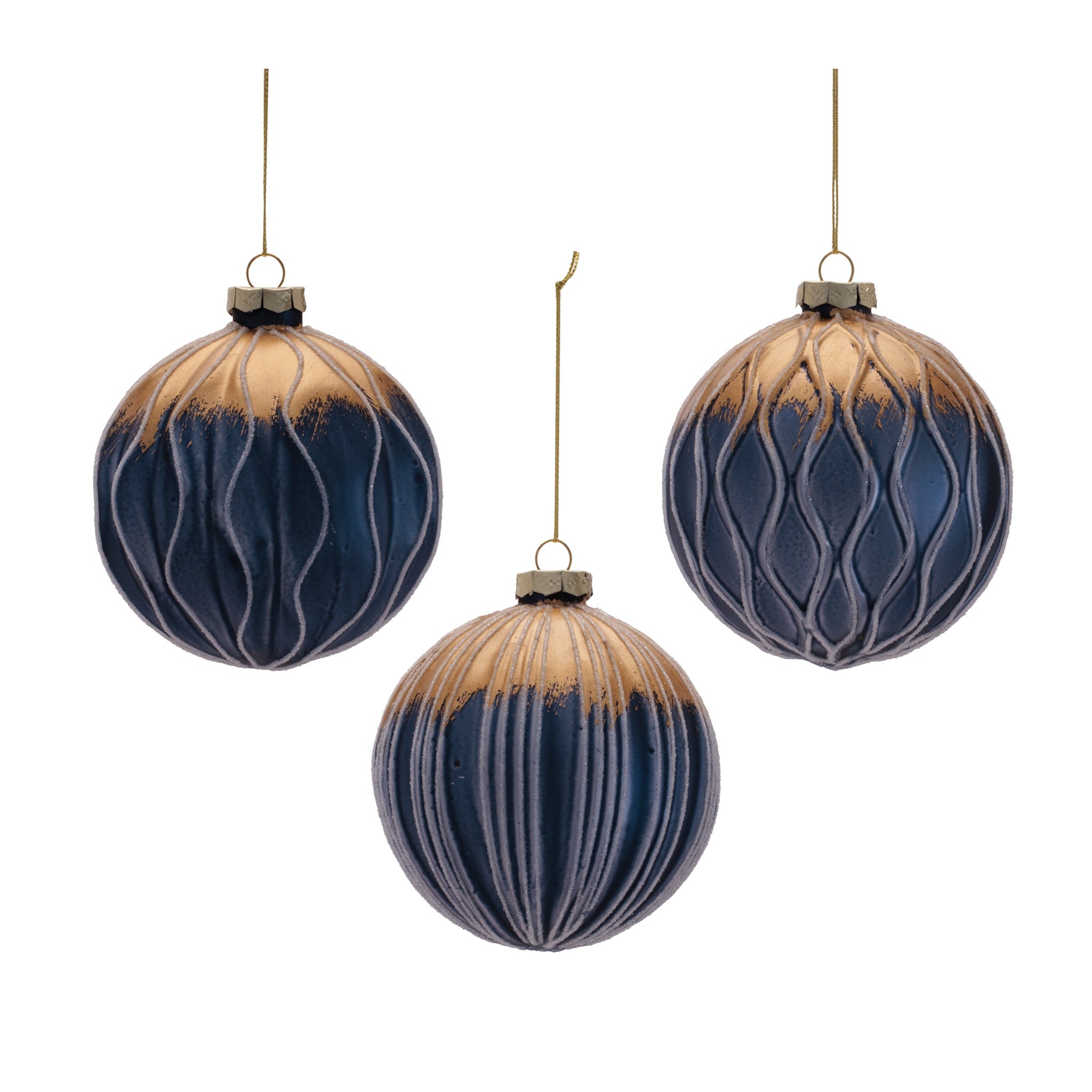 Clear glass ball ornament with a festive finish.