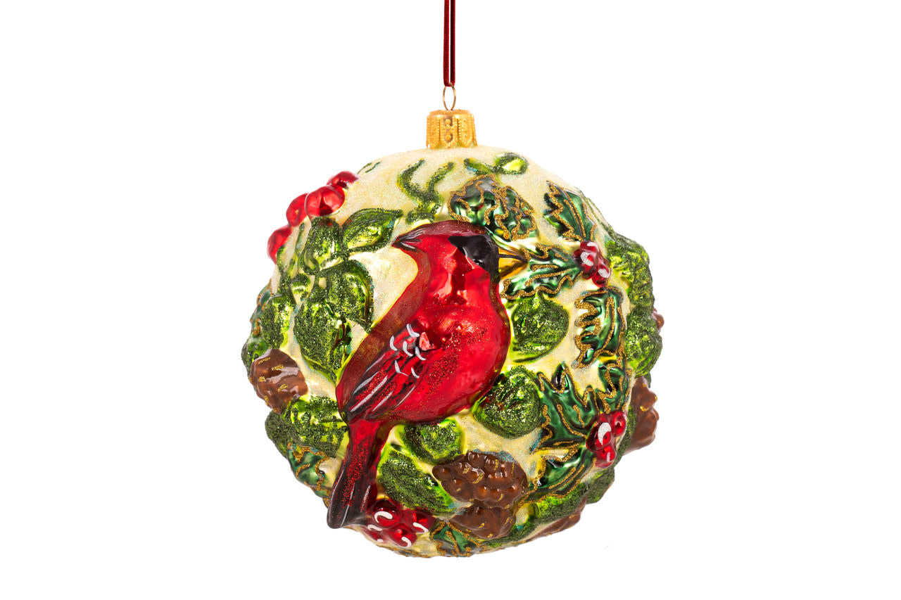 Hand-blown glass ornament shaped like a red cardinal bird with black wings.