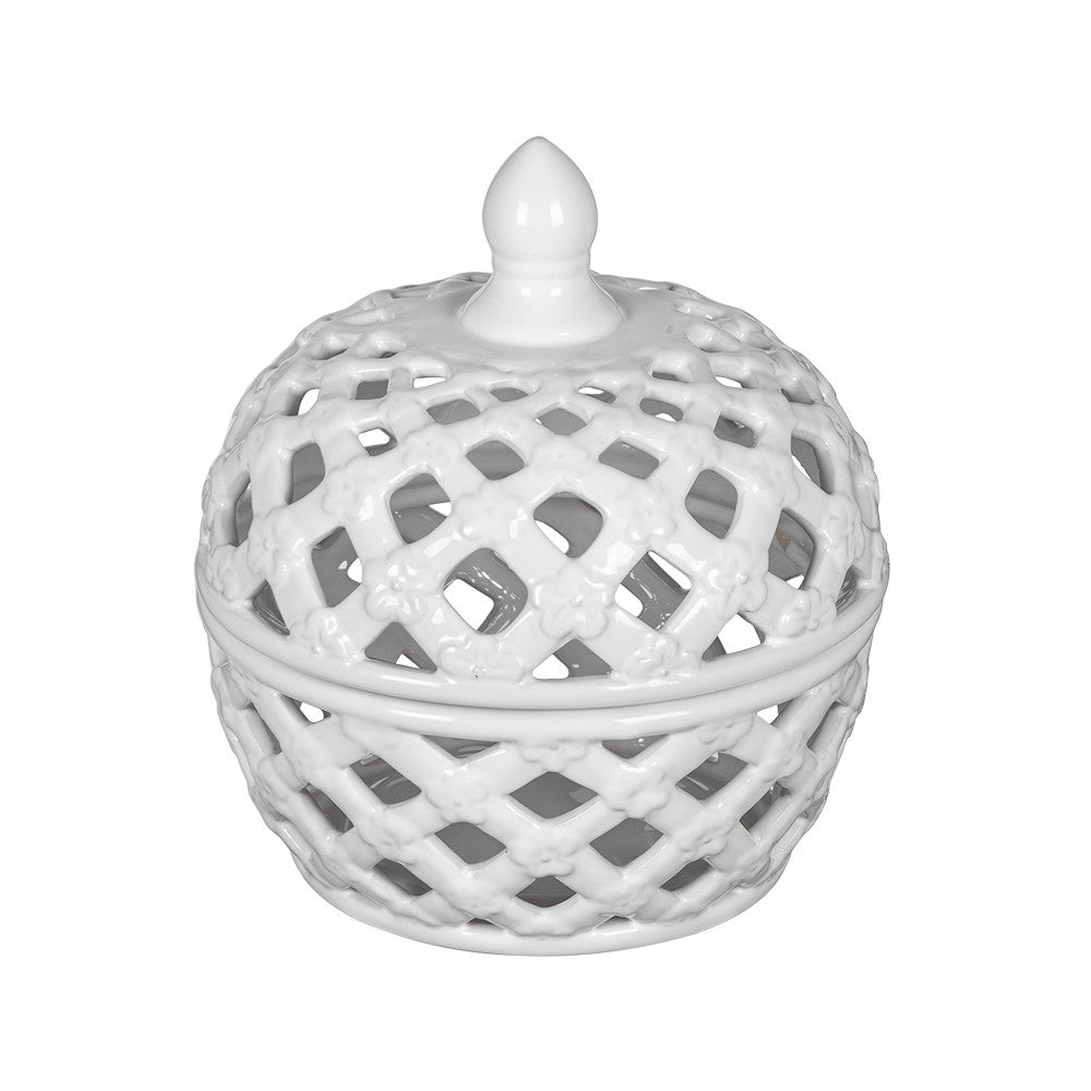Ceramic lidded jar with delicate lattice pattern featuring tiny flowers at each intersection.
