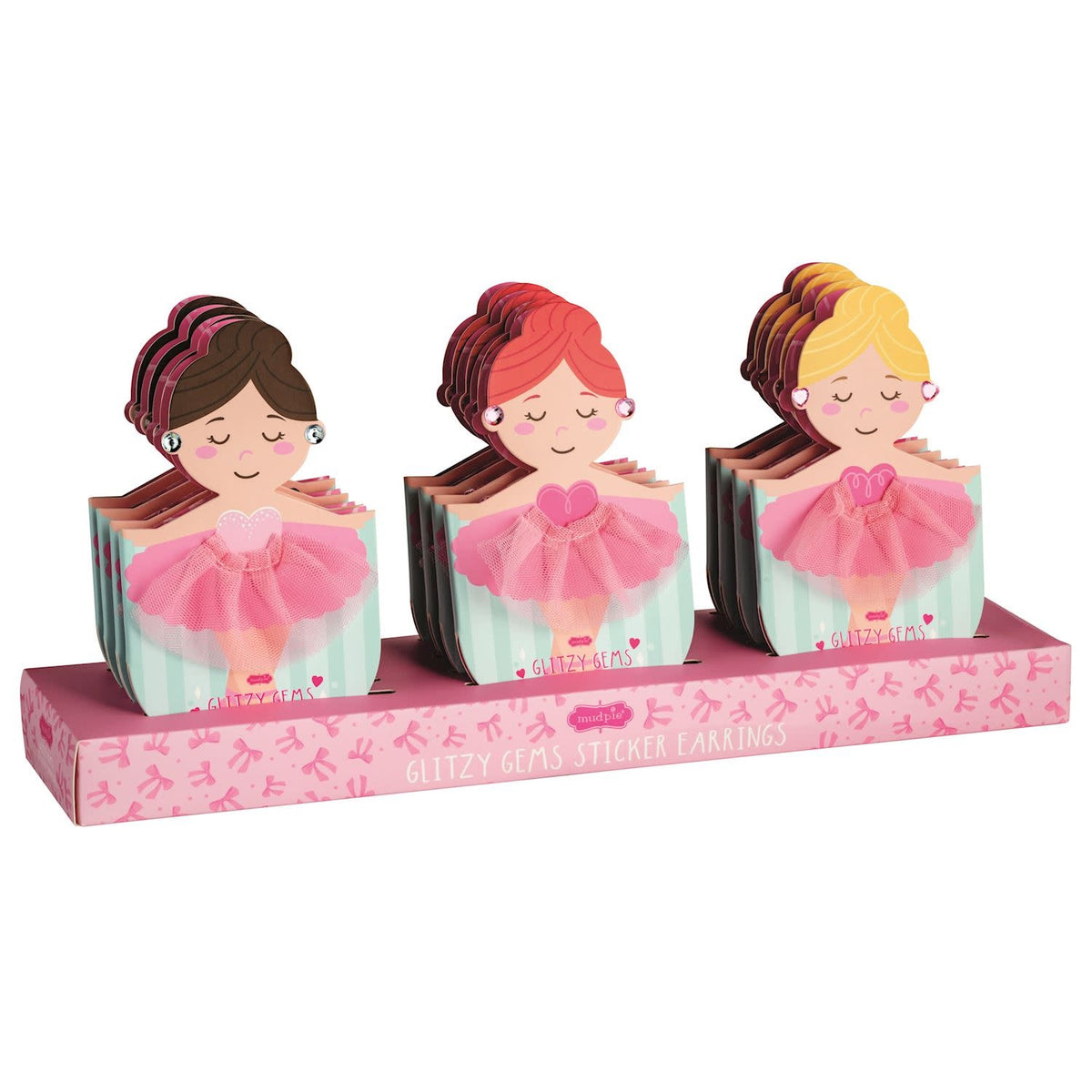 Ballerina Glitzy Gems sticker earrings with vinyl mirror backs displayed on a folded cardstock stand.