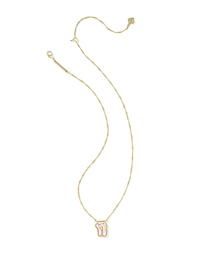 Blush mother-of-pearl ballet slipper pendant with gold hoofprint detailing on a chain.