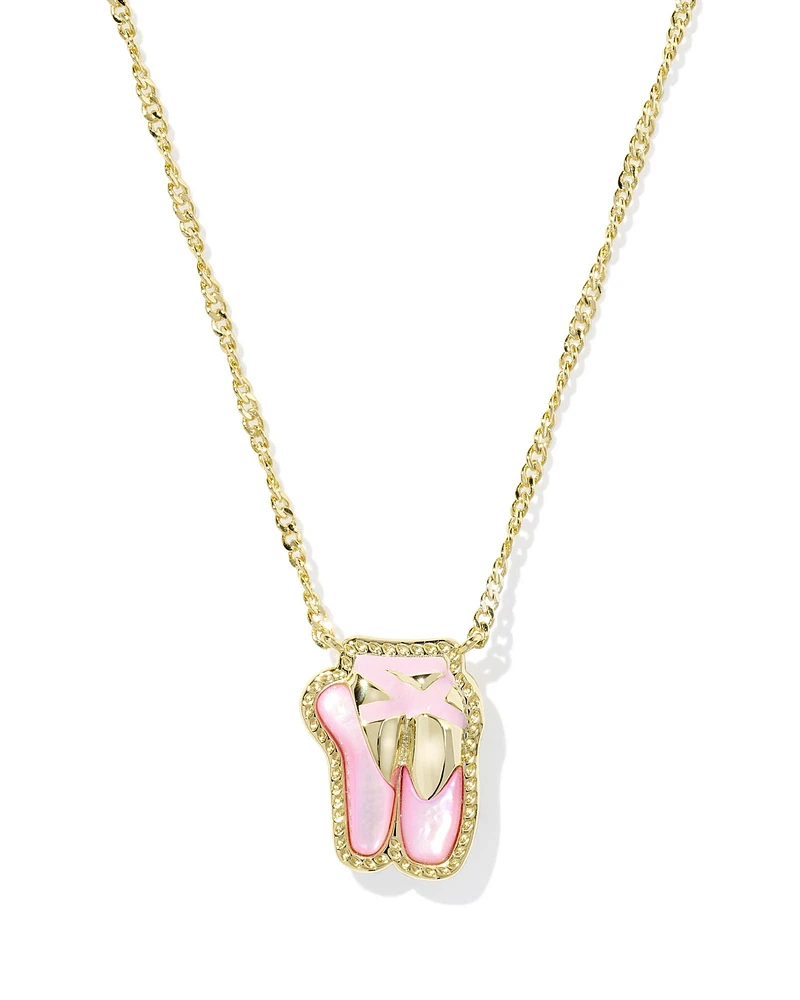 Blush mother-of-pearl ballet slipper pendant with gold hoofprint detail on a yellow gold chain.
