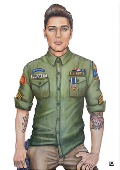 Artwork print of Elvis Presley in a US Army uniform with tattoos, 8x10 size.