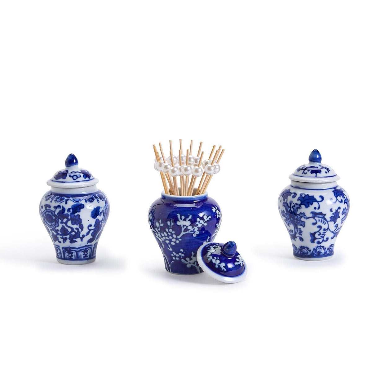 Mini blue and white hand-painted porcelain ginger jar with pearl-tipped bamboo picks