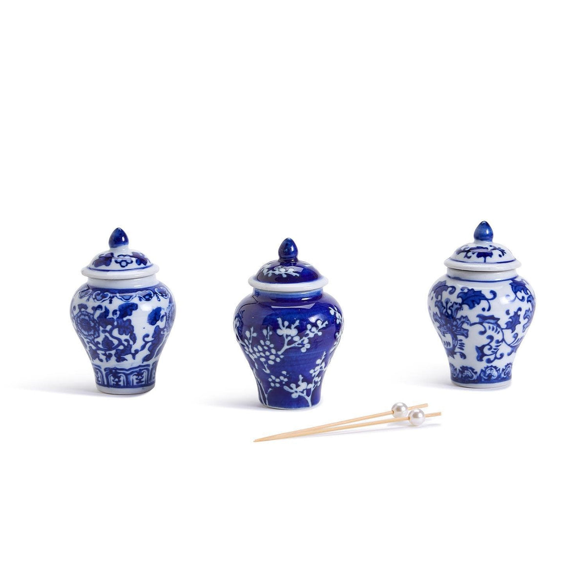 Mini blue and white hand-painted porcelain ginger jar with pearl-tipped bamboo picks