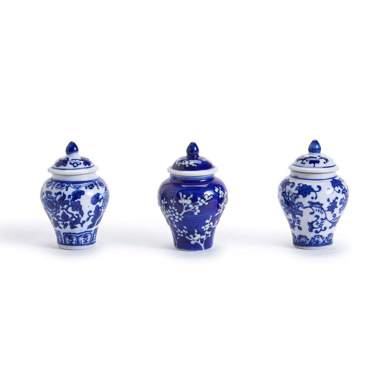 Blue and white hand-painted porcelain mini ginger jar with two bamboo picks featuring pearl tops.