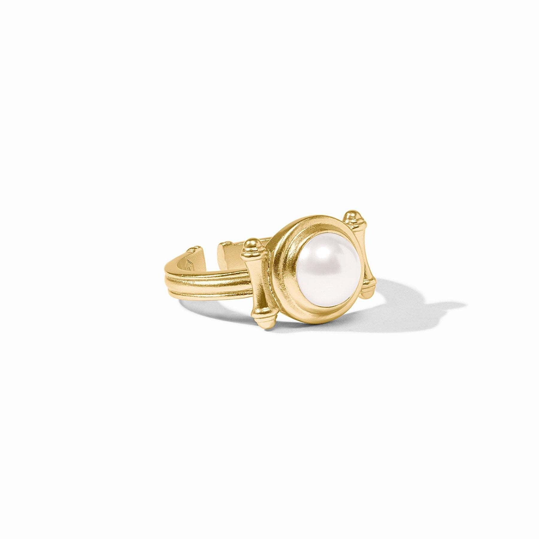 Adjustable domed pearl ring with golden bamboo accents in gold plate