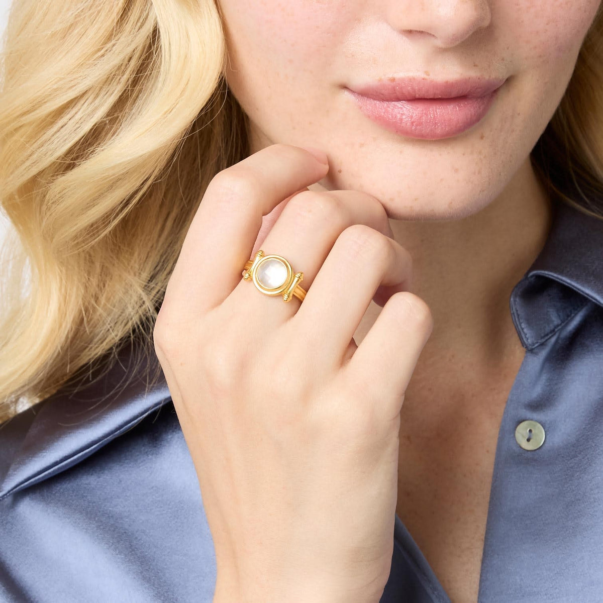 Adjustable domed ring with golden bamboo accents and a glass gemstone on 24K gold plate.