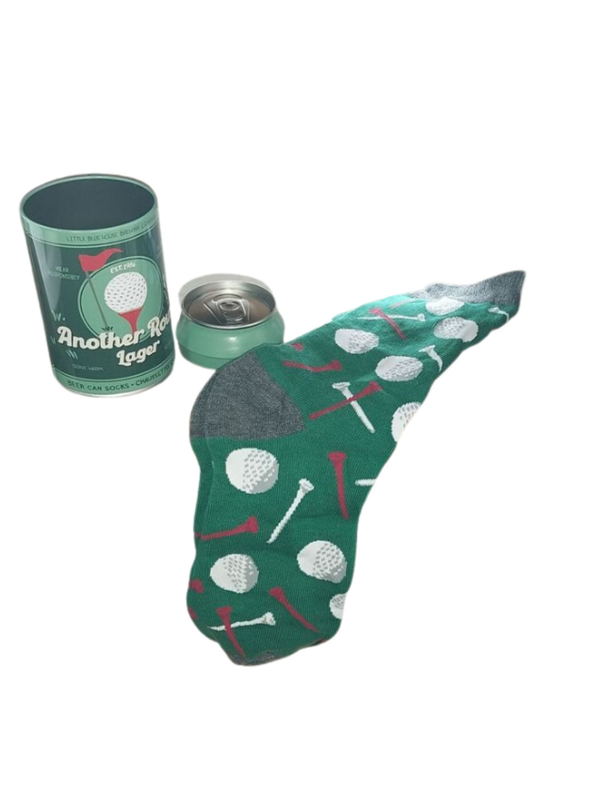 Men's crew socks in blue cotton blend with a beer can print pattern.