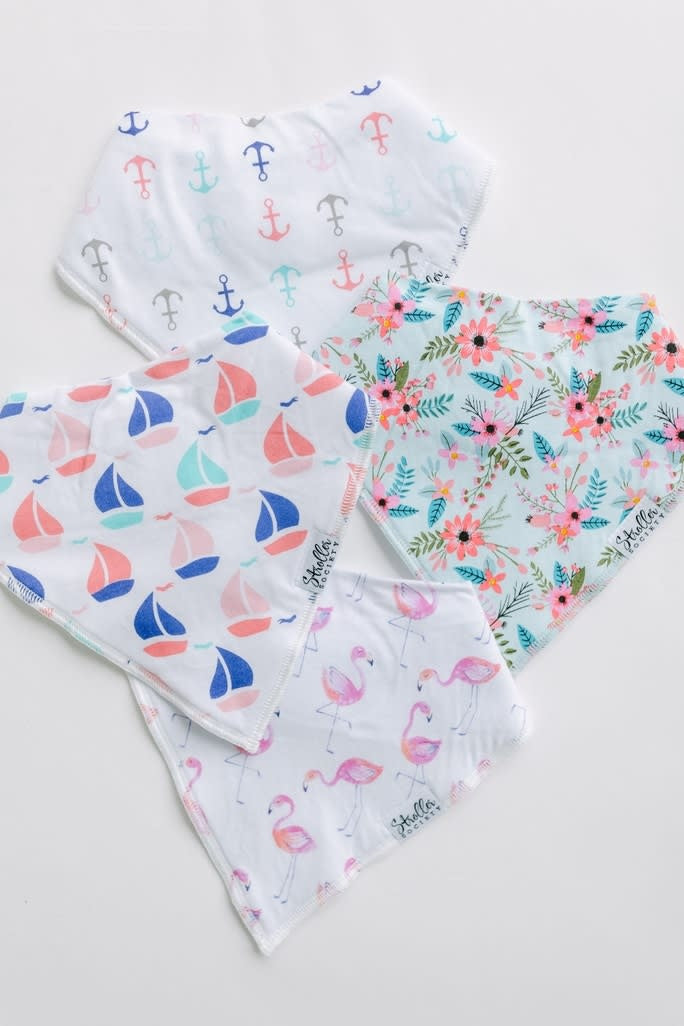 Baby bandana bib in soft cotton with adjustable snaps for drooling infants.