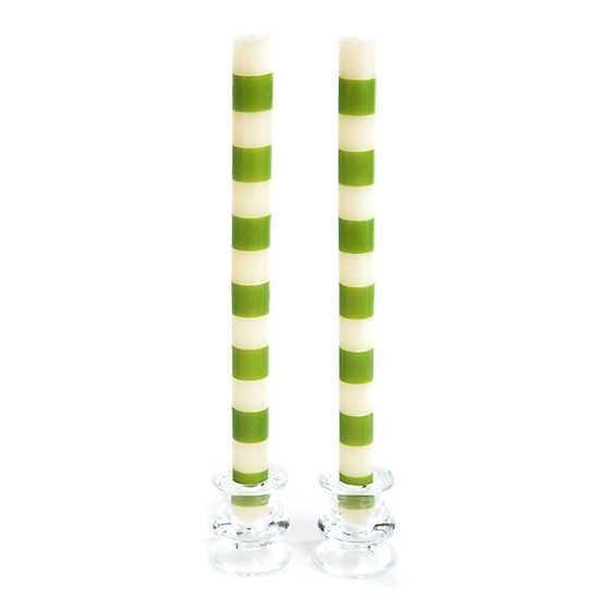 Set of Green Bands dinner candles with hand-painted horizontal stripes on a cylindrical silhouette.