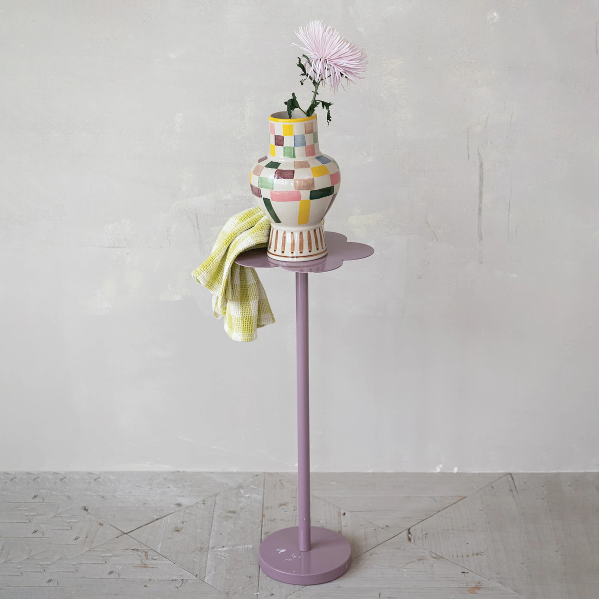 Hand-painted stoneware vase with a checkered pattern in neutral tones