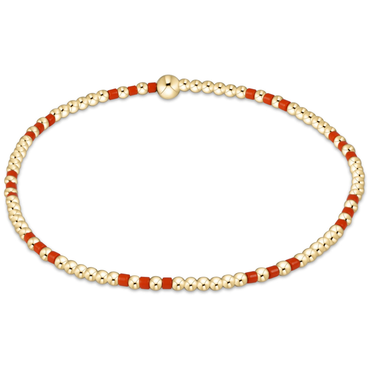 Gold-filled beaded bracelet featuring a Hope Joy geometric pattern with mixed 2mm and 5mm seed beads on elastic cord.
