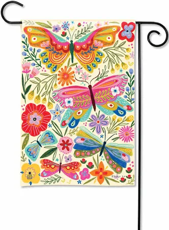 Garden flag with a cream background featuring colorful butterflies and floral designs.