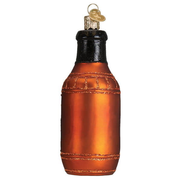 Black barbecue sauce bottle ornament with white label text.