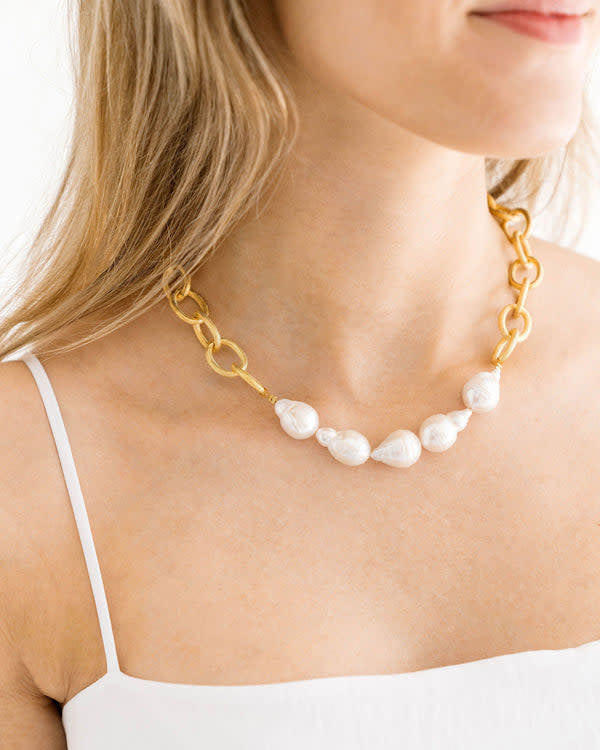 Triple-plated gold baroque pearl chain necklace with lobster claw clasp