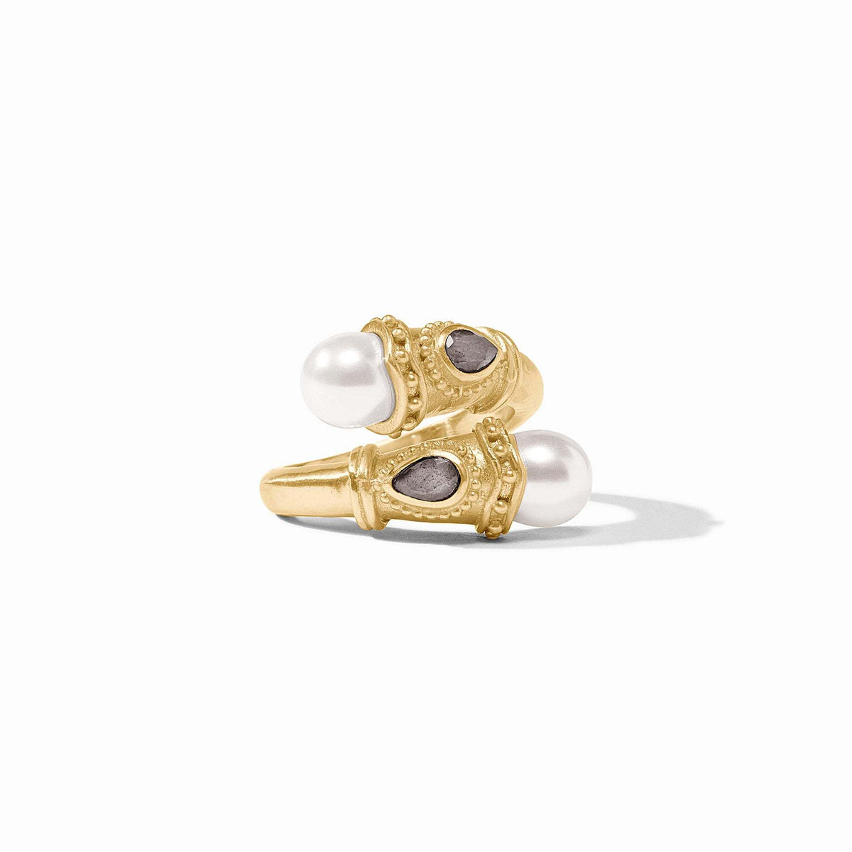 Gold Baroque Demi Wrap Ring with two freshwater pearls and grey semi-precious stones.