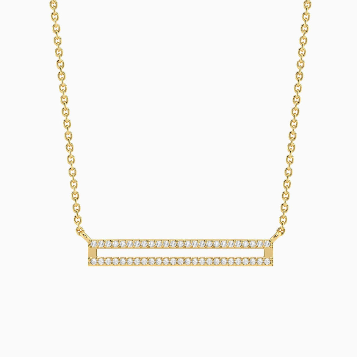 Gold plated stainless steel bar pendant necklace on a silver chain with lobster clasp closure.