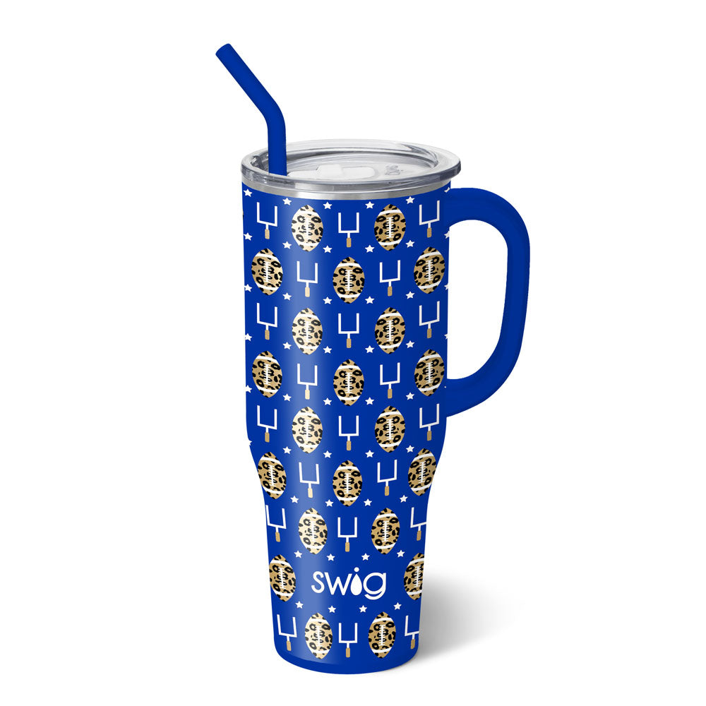 40oz Mega Mug in black with a comfort-grip handle, flexi-tip straw, and silicone base.