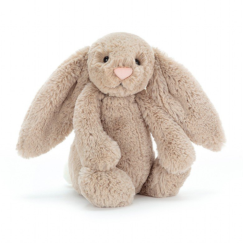 Sitting beige polyester bunny toy with long floppy ears filled with PE beans.