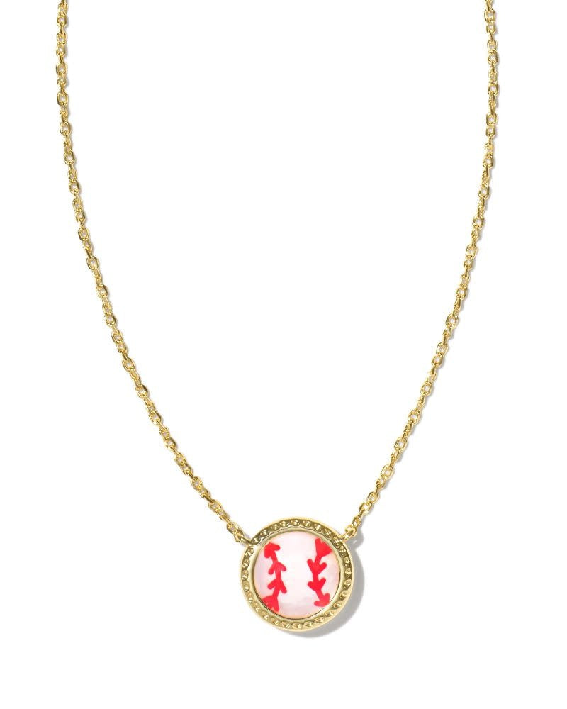 Gold baseball-shaped pendant necklace with red enamel stitch detailing on a chain.