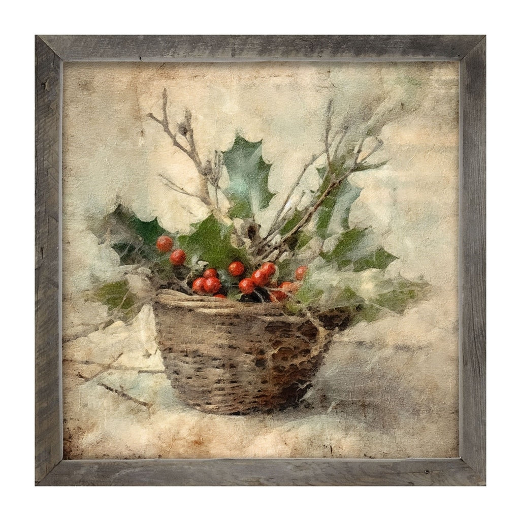 Natural XL basket with holly berry print on matte paper framed in painted barnwood.