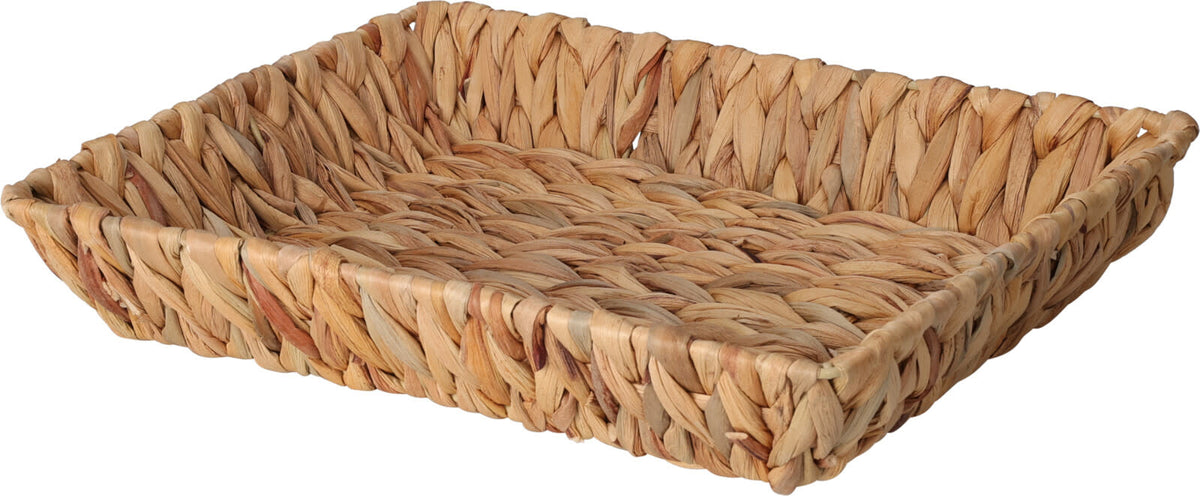 Rectangular woven basket in natural tones with a classic open weave pattern.