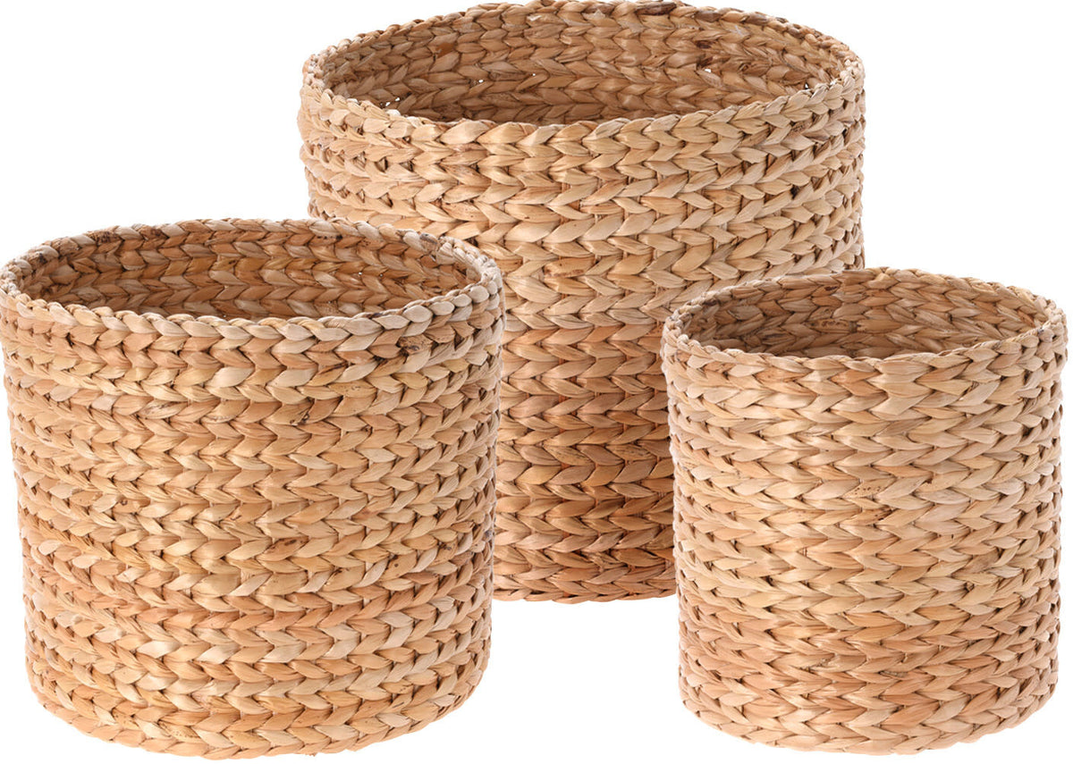 Square woven storage basket made from natural banana fibre in a neutral earth tone.