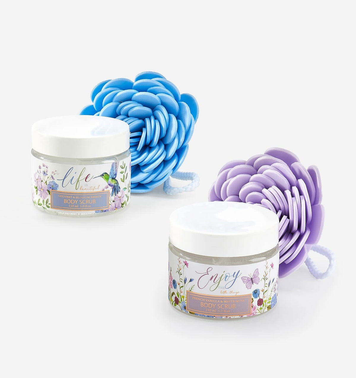 Floral gift box containing a scented body scrub bottle and flower-shaped Eva sponge.
