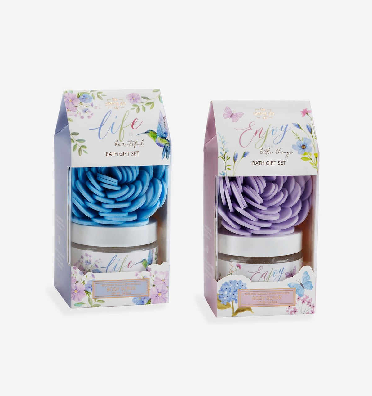Floral gift box containing a scented body scrub jar and colorful flower-shaped Eva sponge.