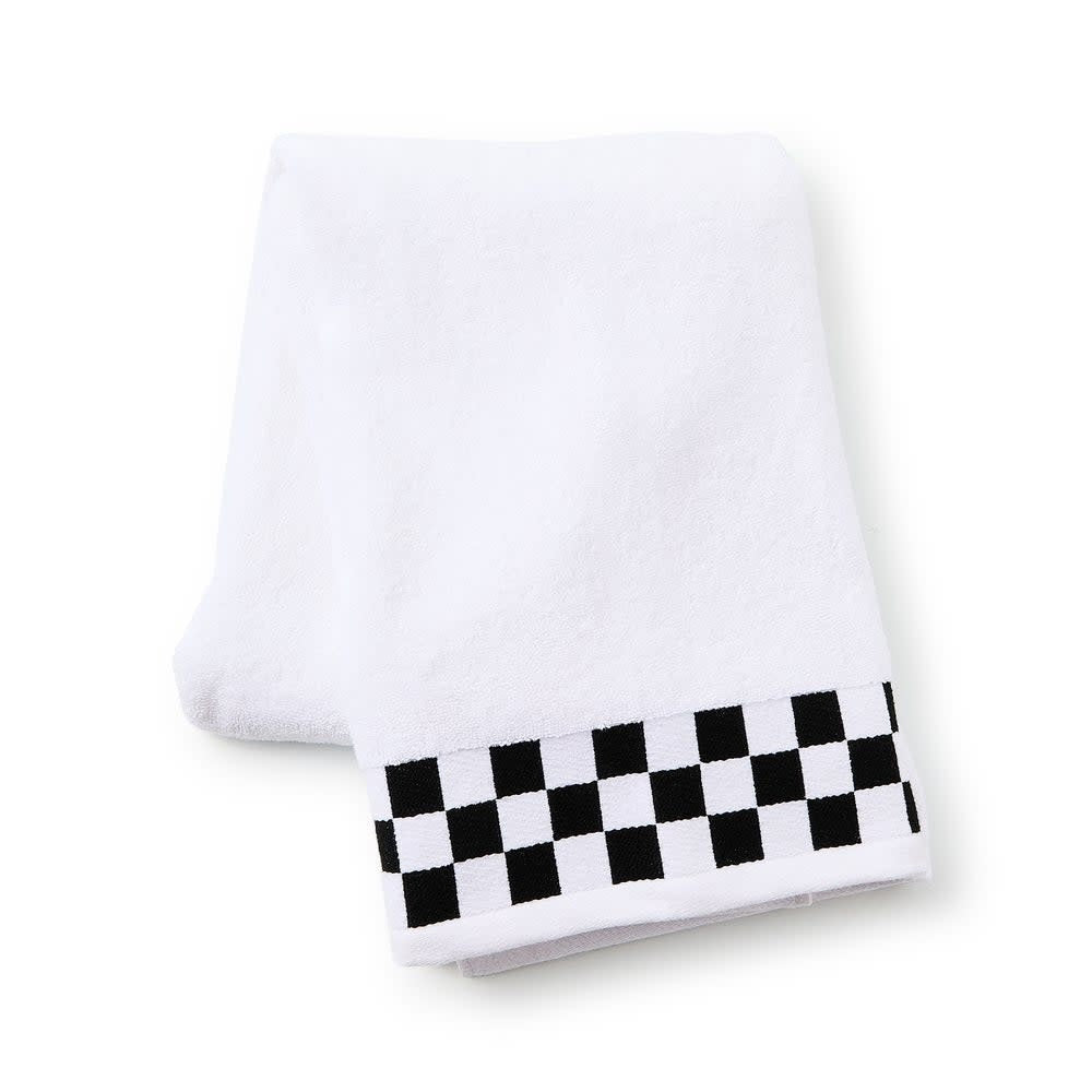 Plush cotton bath towel with black check border on white background