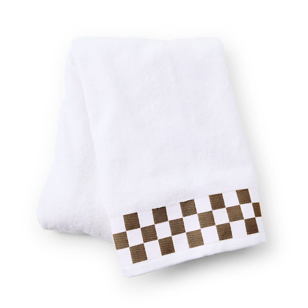Cotton bath towel with mocha check border on white background
