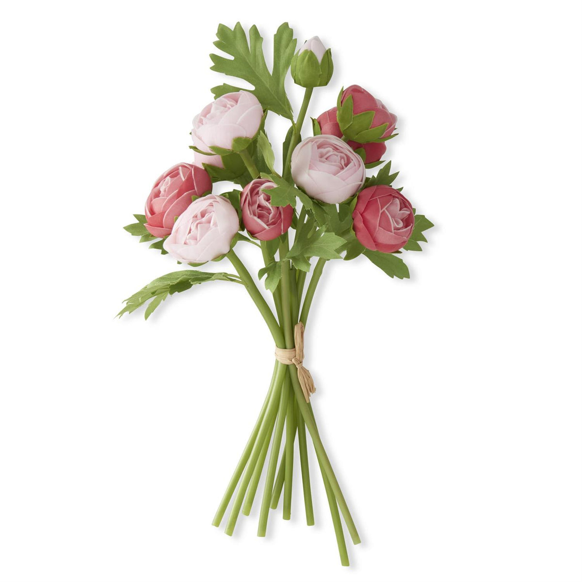 Bundle of fifteen-inch artificial ranunculus flowers in realistic pink petals with green stems and wire structure.