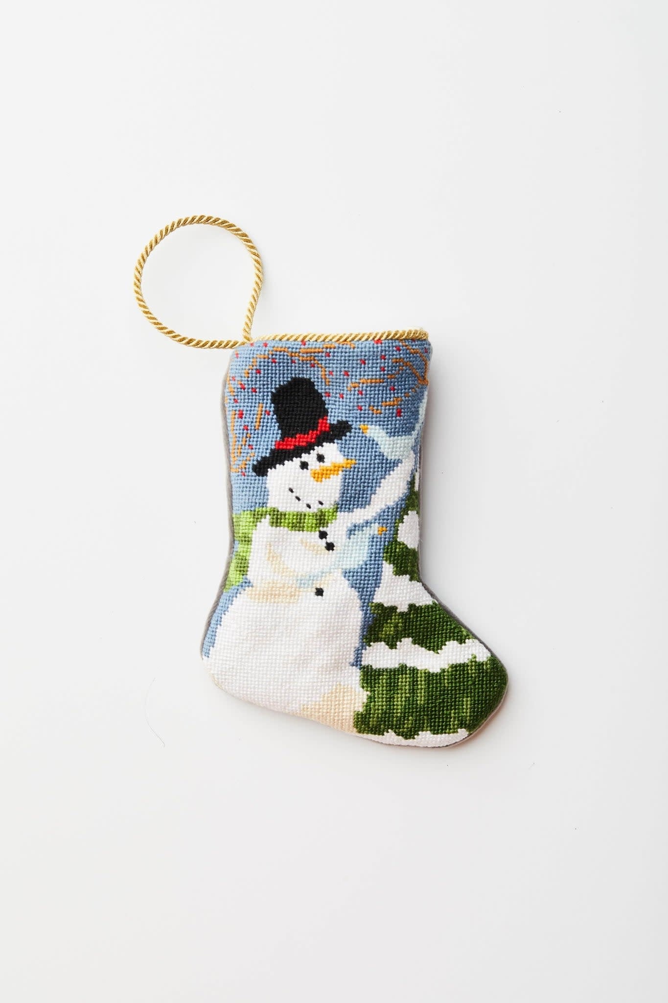Hand-stitched needlepoint Frosty Stocking in white cotton with velvet backing