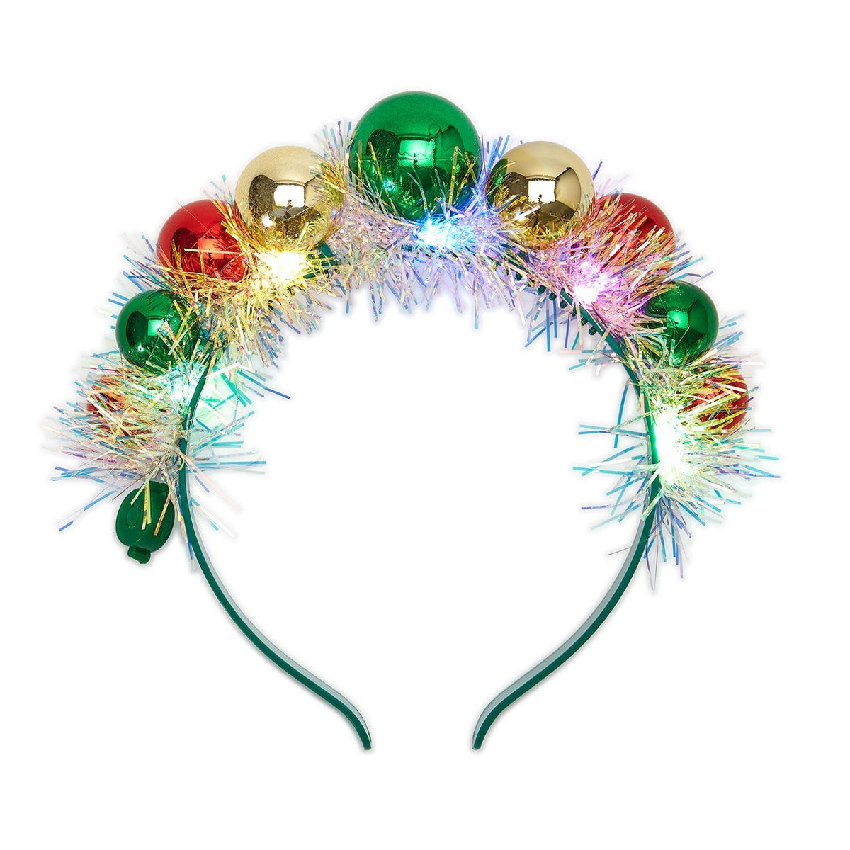 Black novelty headband with round metallic ball ornaments featuring three-mode LED lights.